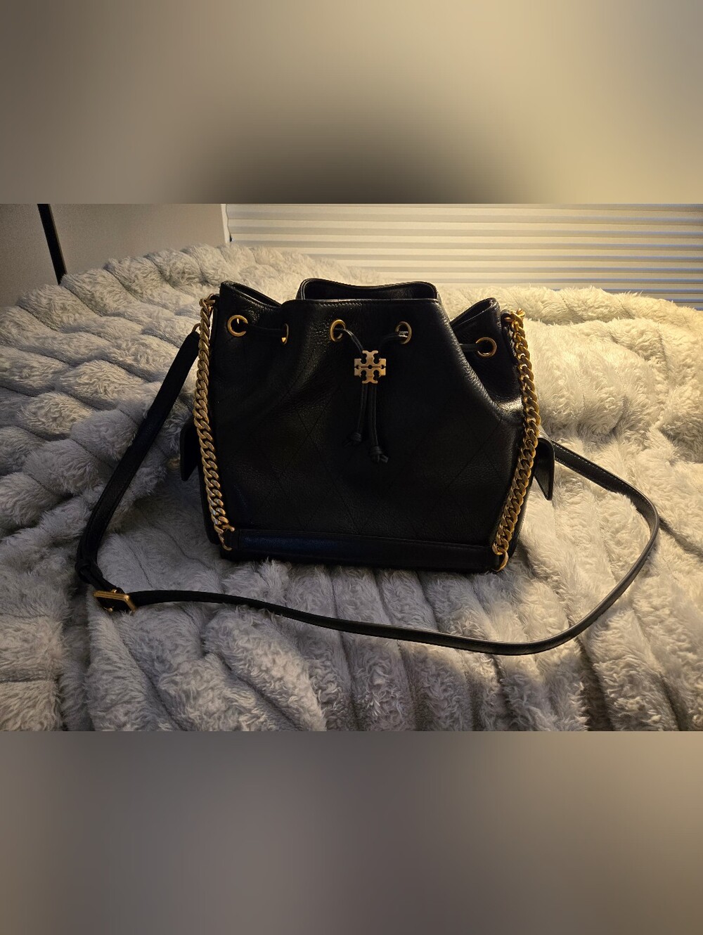 Tory Burch Charlie Black Quilted Leather Drawstring Bucket with Gold Chain
